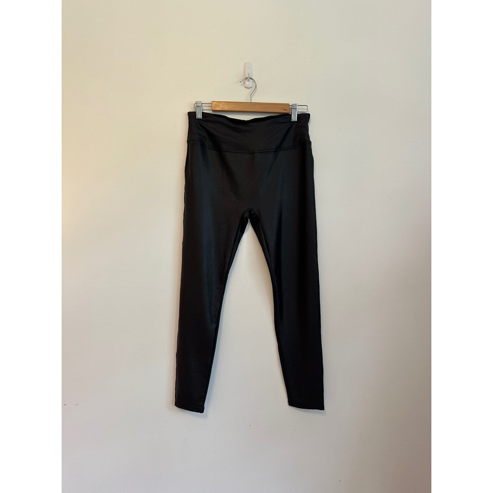 Santiny Black Faux Leather Shimmer High Waisted Leggings | Size Large